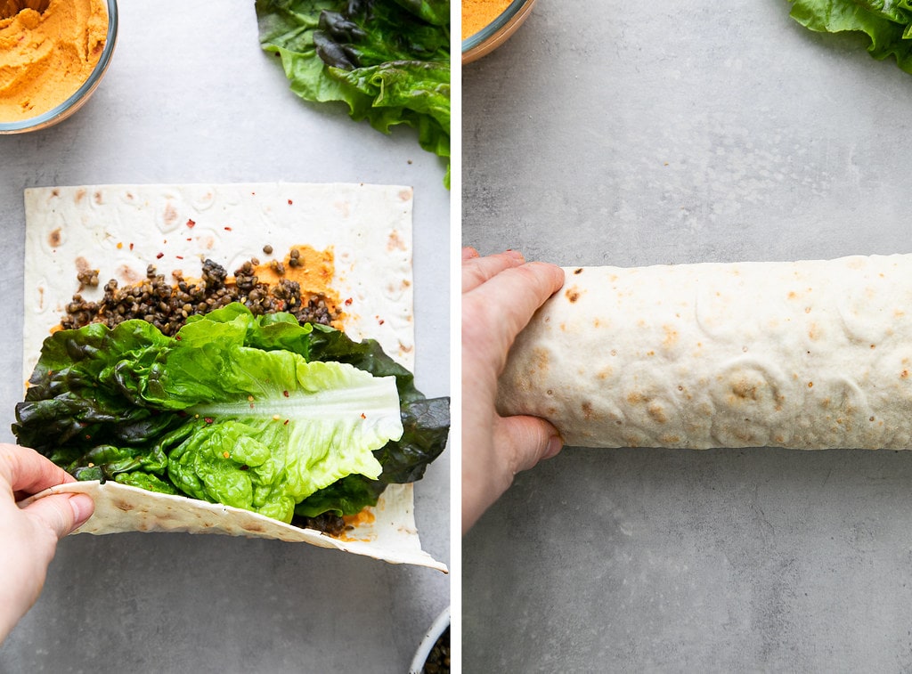 side by side photos showing the process of making and rolling a lentil wrap.