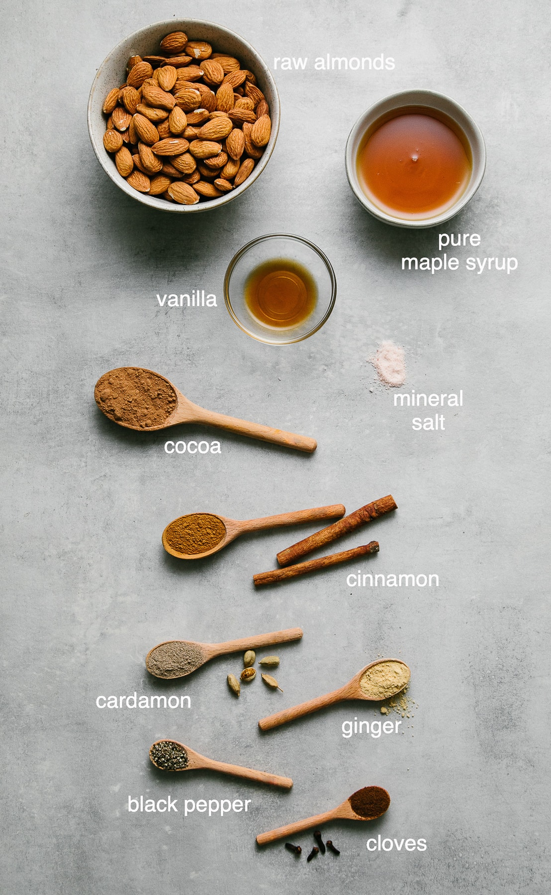 top down view of ingredients used to make chocolate chai roasted almonds recipe.