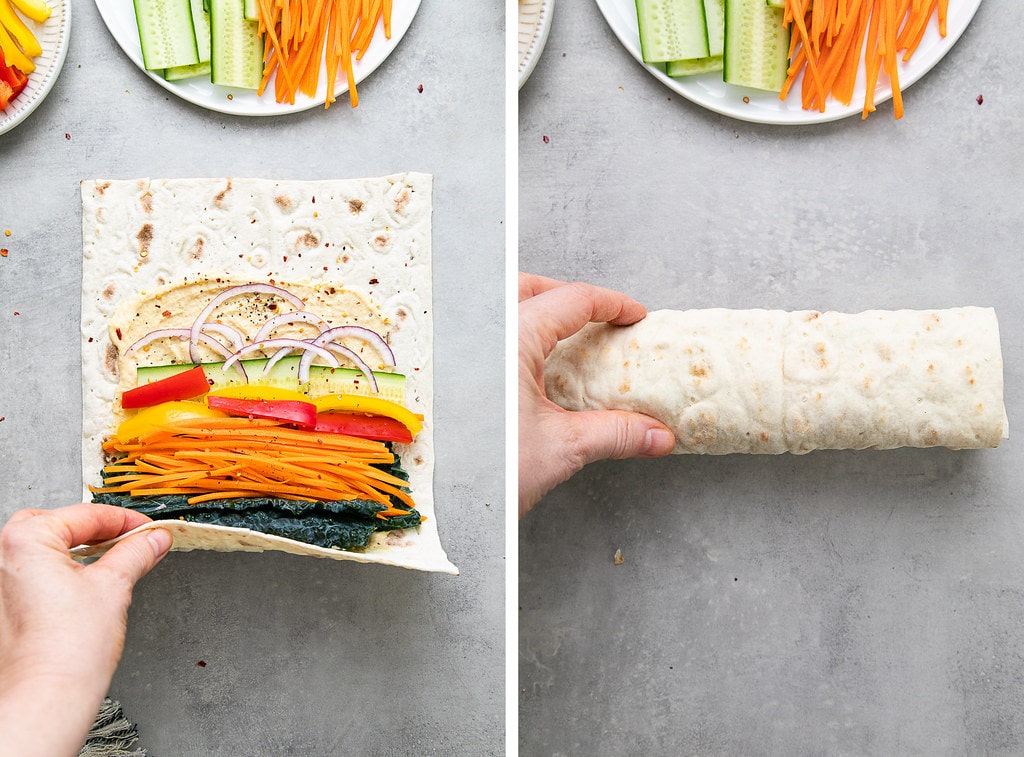 side by side photos showing the process of rolling hummus veggie wraps.