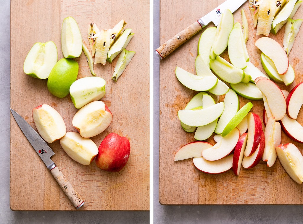 side by side photos showing the process of prepping apples.