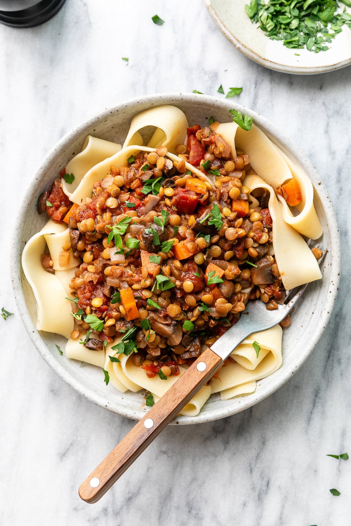 top down view of plated vegan lentil ragu with veggies in a pasta bowl with fork.