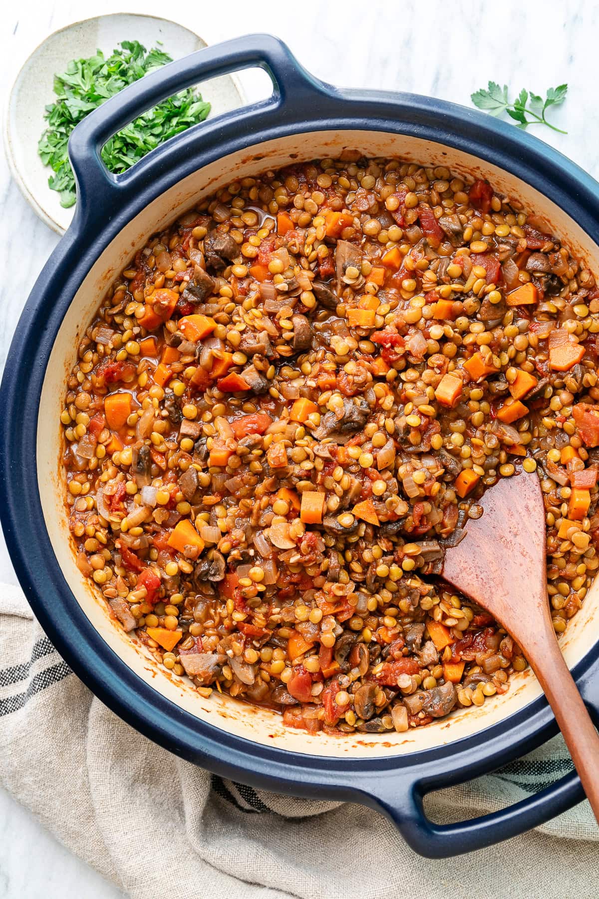top down view of lentil ragu in a blue pot with wooden spoon and items surrounding.