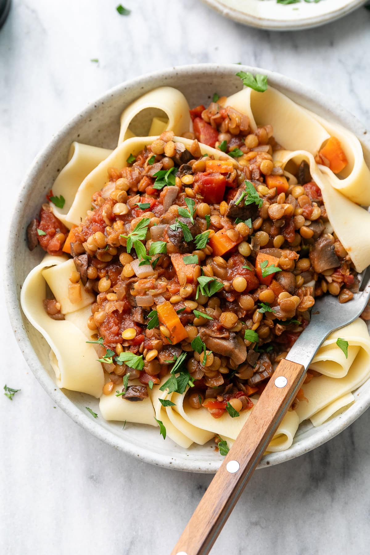 side angle view of plated vegan lentil ragu with veggies in a pasta bowl with fork.