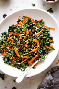 top down view of kale salad with cranberries in a white bowl with fork.