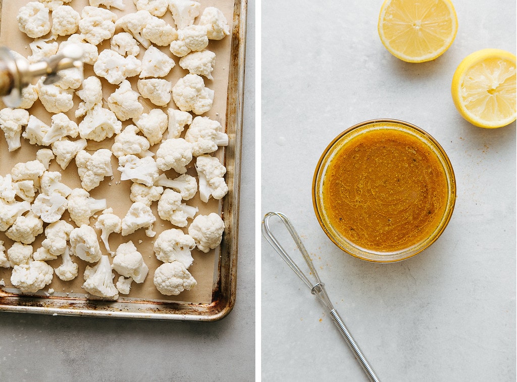 side by side photos showing the process of prepping cauliflower to roast and fresh made curry dressing.