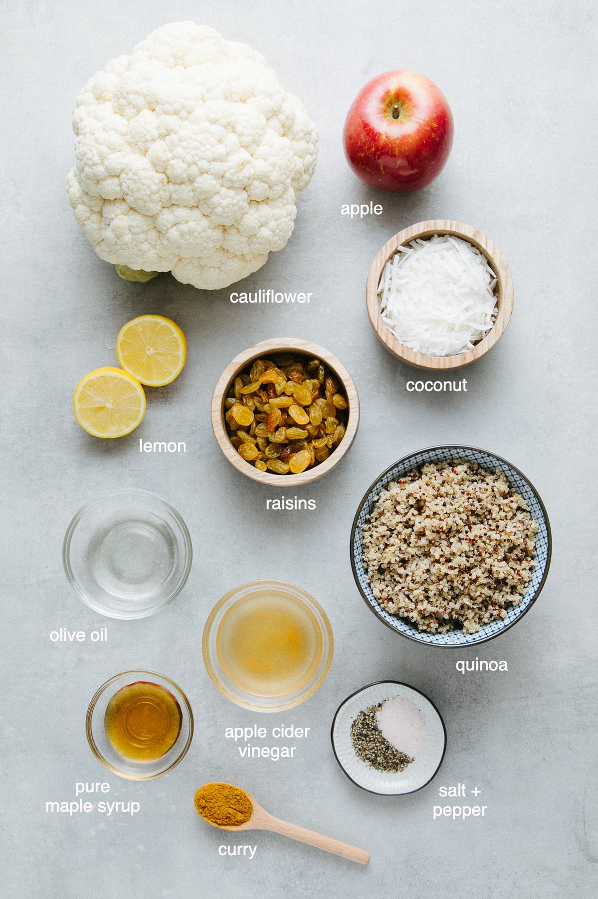 top down view of ingredients used to make curried cauliflower salad.