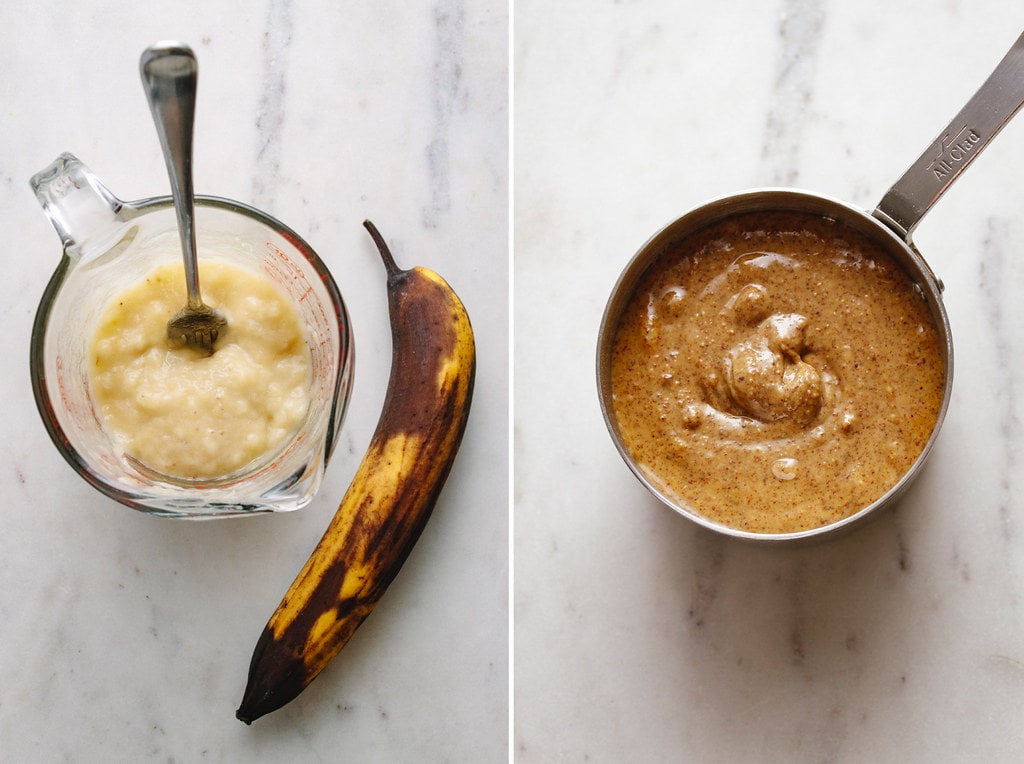 side by side photos of mashed bananas and almond butter.