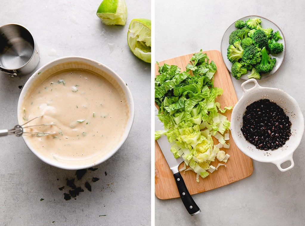 side by side photos of cumin-lime tahini dressing in a bowl and chopped romaine on wooden cutting board.