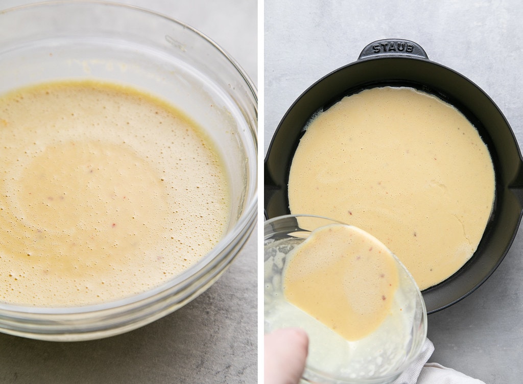 side by side photos showing the process of making socca, farinata chickpea flour flatbread in a skillet.