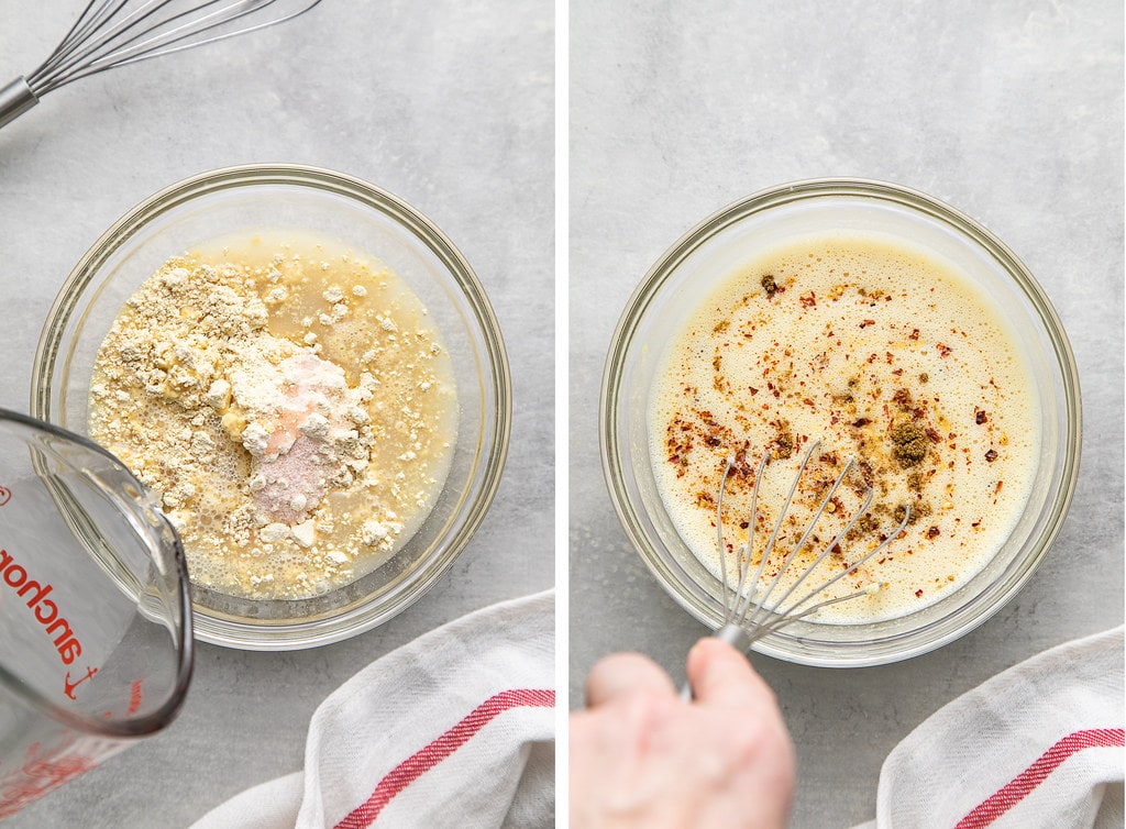 side by side photos showing the mixing the socca batter in a glass bowl.