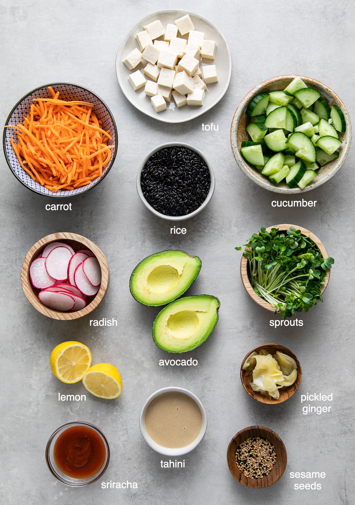 top down view of ingredients used to make vegan sushi bowl recipe.