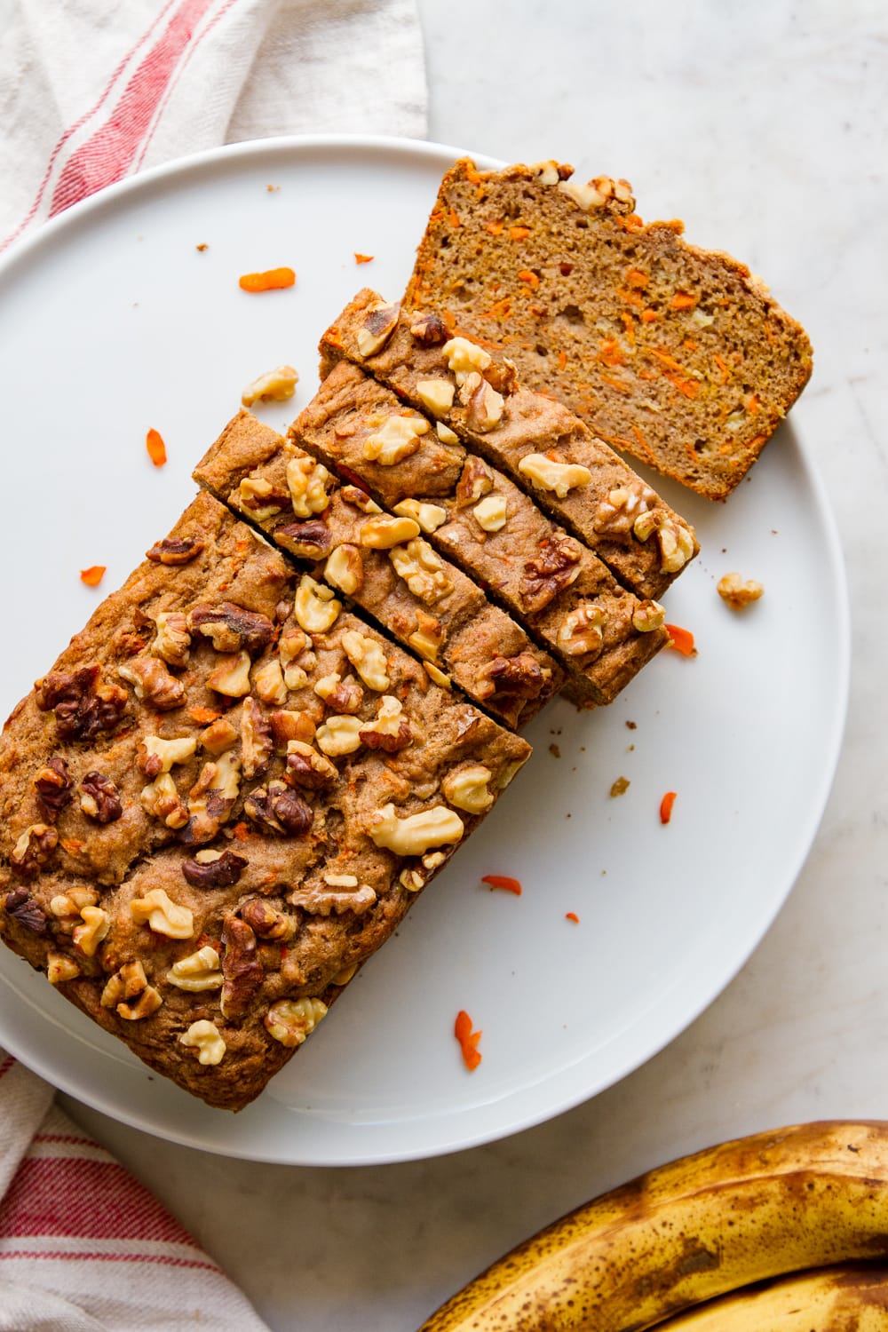 top down view of slice of carrot banana bread.