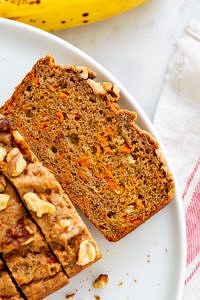 top down view of slice of carrot banana bread.