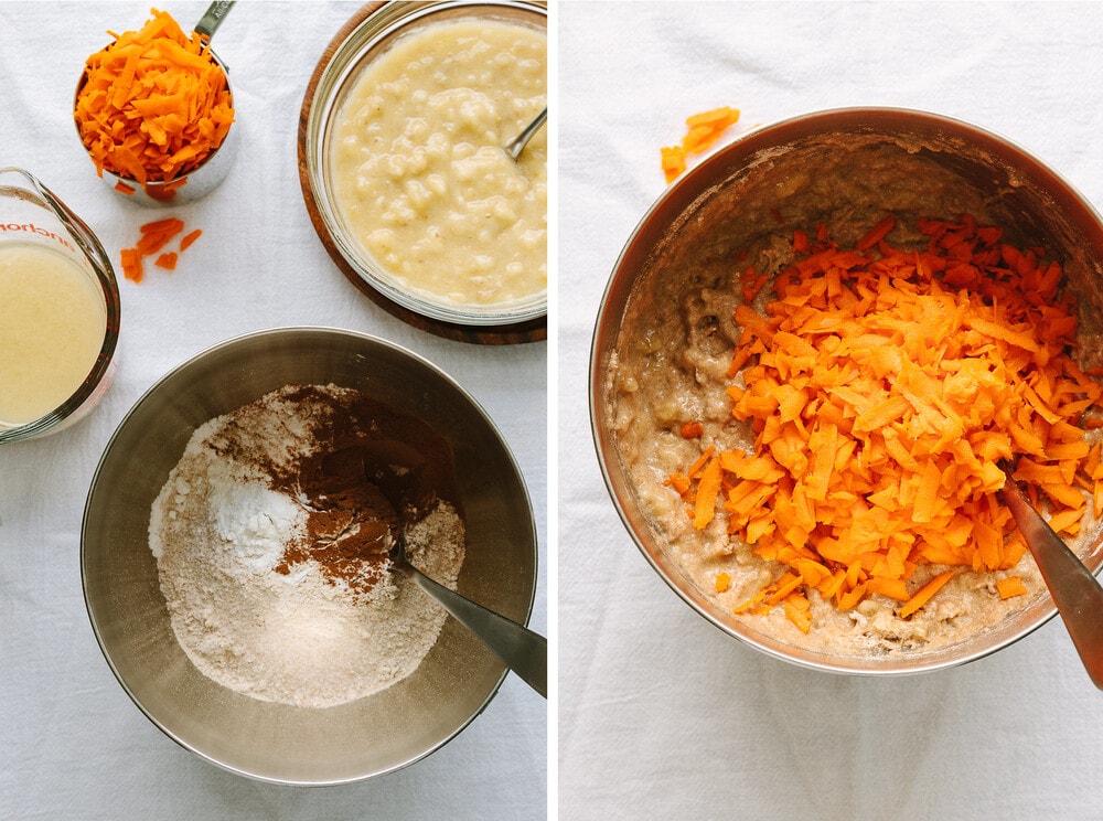 side by side photos of the process of mixing ingredients for vegan banana carrot bread.