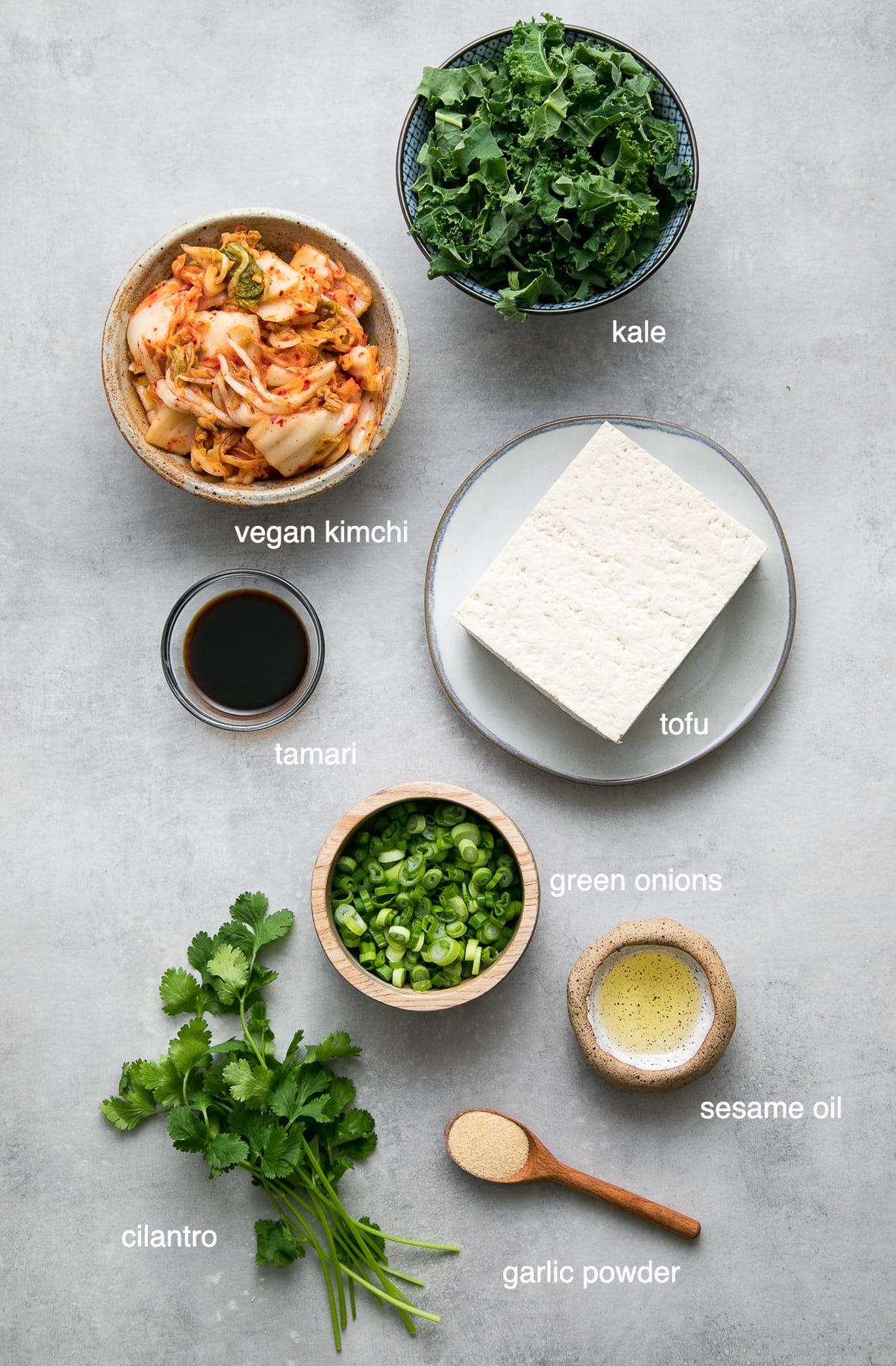 top down view of ingredients used to make the best kimchi tofu scramble.