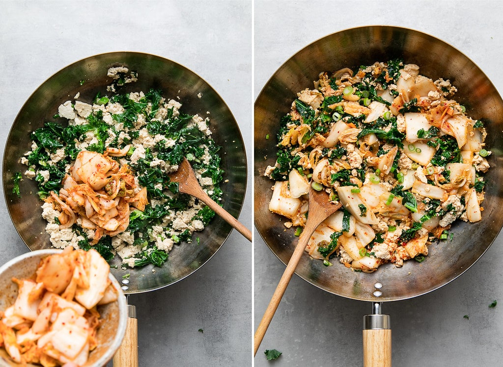 side by side photos showing the process of making kimchi tofu scramble.