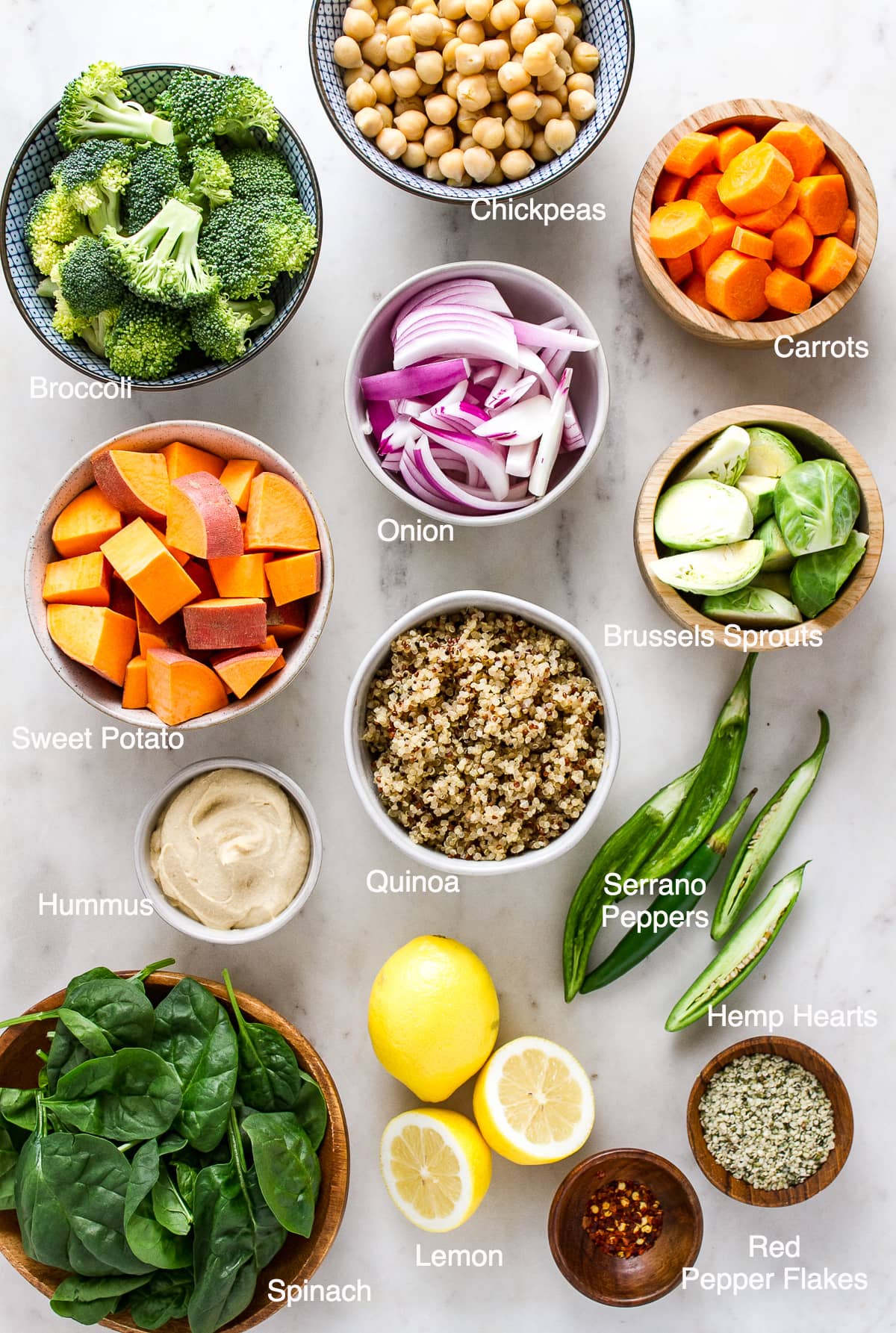 top down view of the ingredients needed to make roasted nourish bowl.