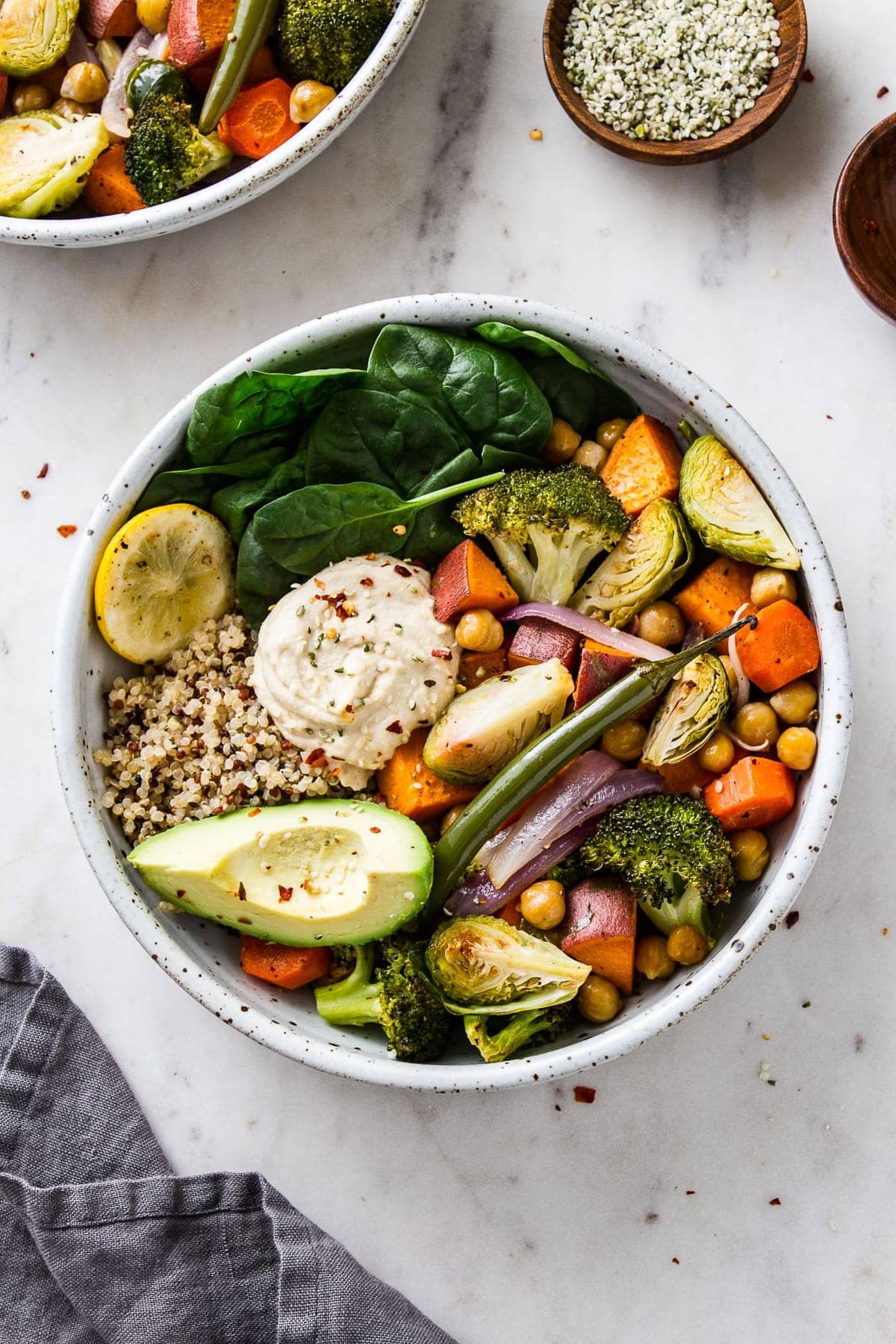 top down view of freshly made roasted nourish bowl.