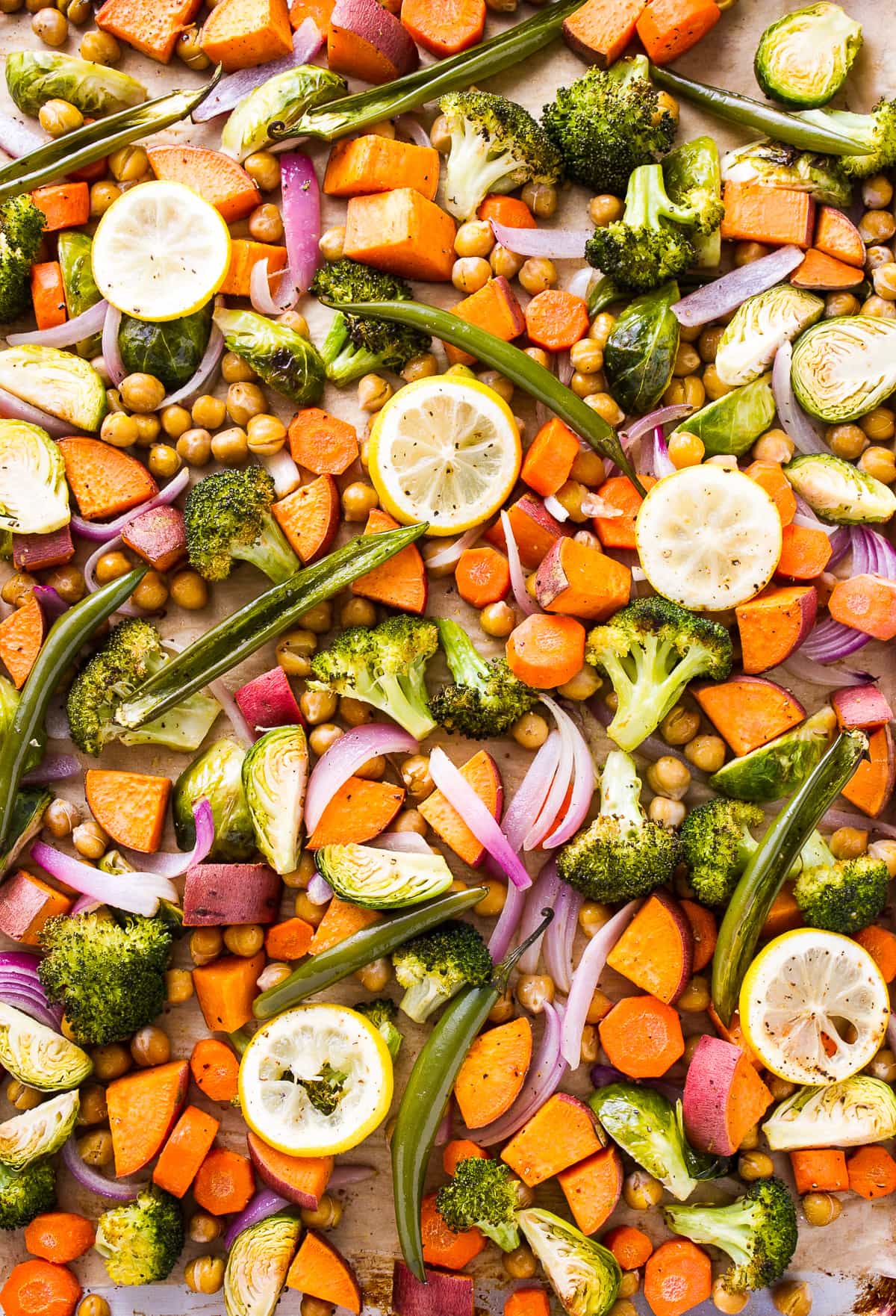 top down view of freshly roasted vegetables to make roasted nourish bowl.