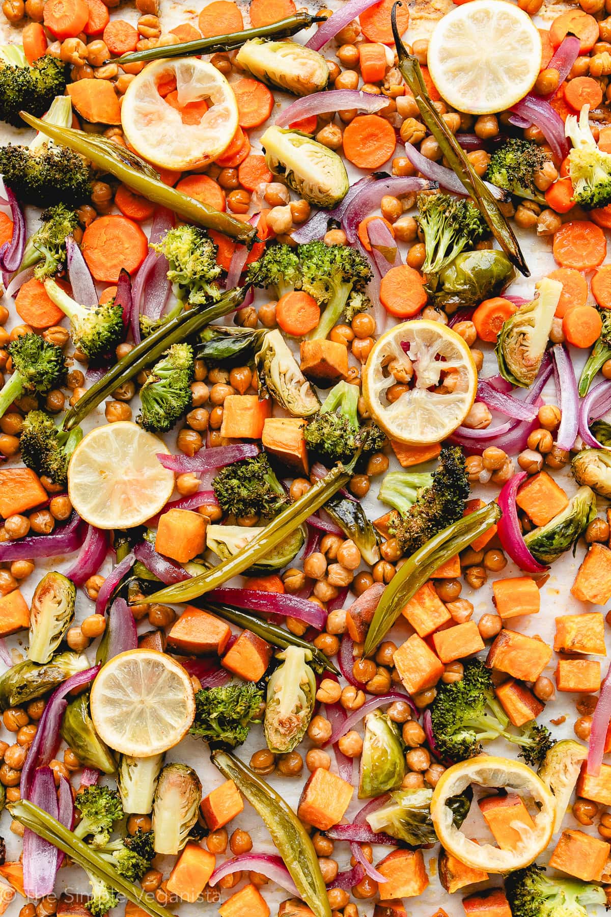 top down view of freshly roasted veggies on a sheet pan.