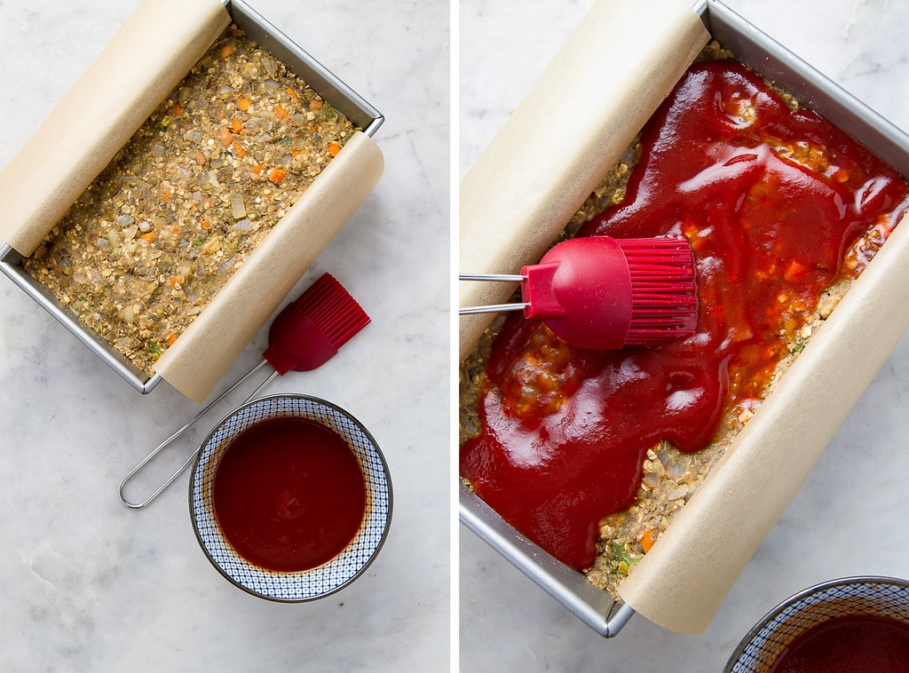 side by side photos showing the process of topping lentil loaf with glaze.