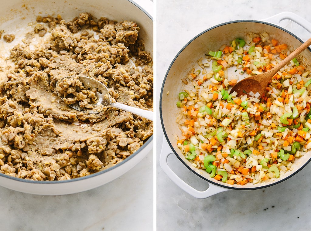 side by side process showing the process of making lentil loaf with apple, sage and fennel.