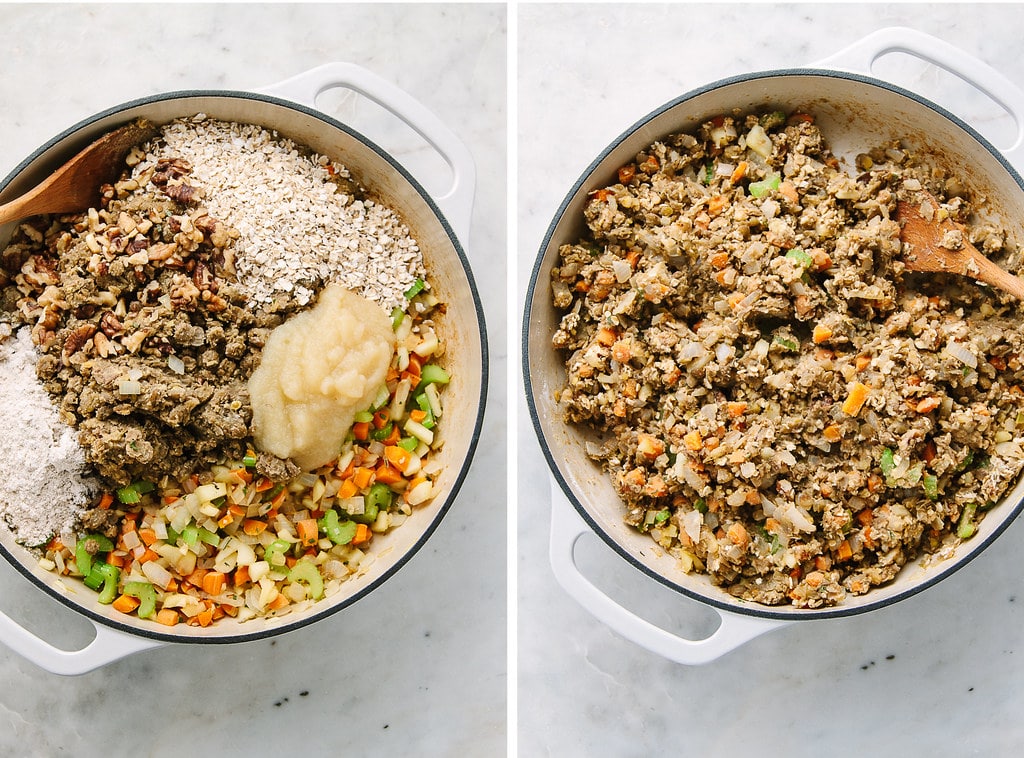 top down view showing the process of making vegan lentil loaf with apple, sage and fennel.