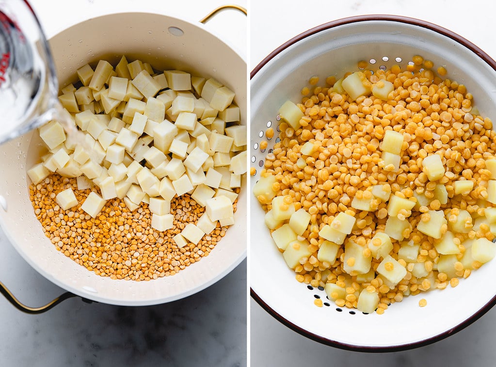 side by side photos of cooking chana dal and sweet potatoes before and after.