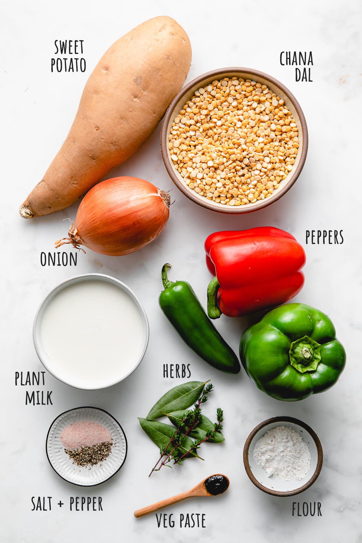top down view of ingredients used to make chana dal sweet potato chowder recipe.