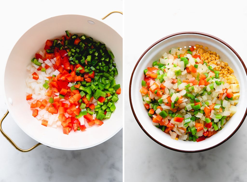 side by side photos of sauteed veggies before and after.
