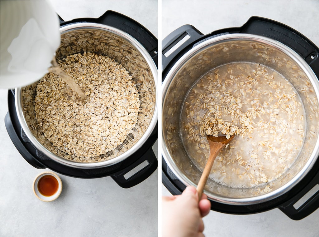side by side photos showing the process of making healthy oatmeal in an instant pot.