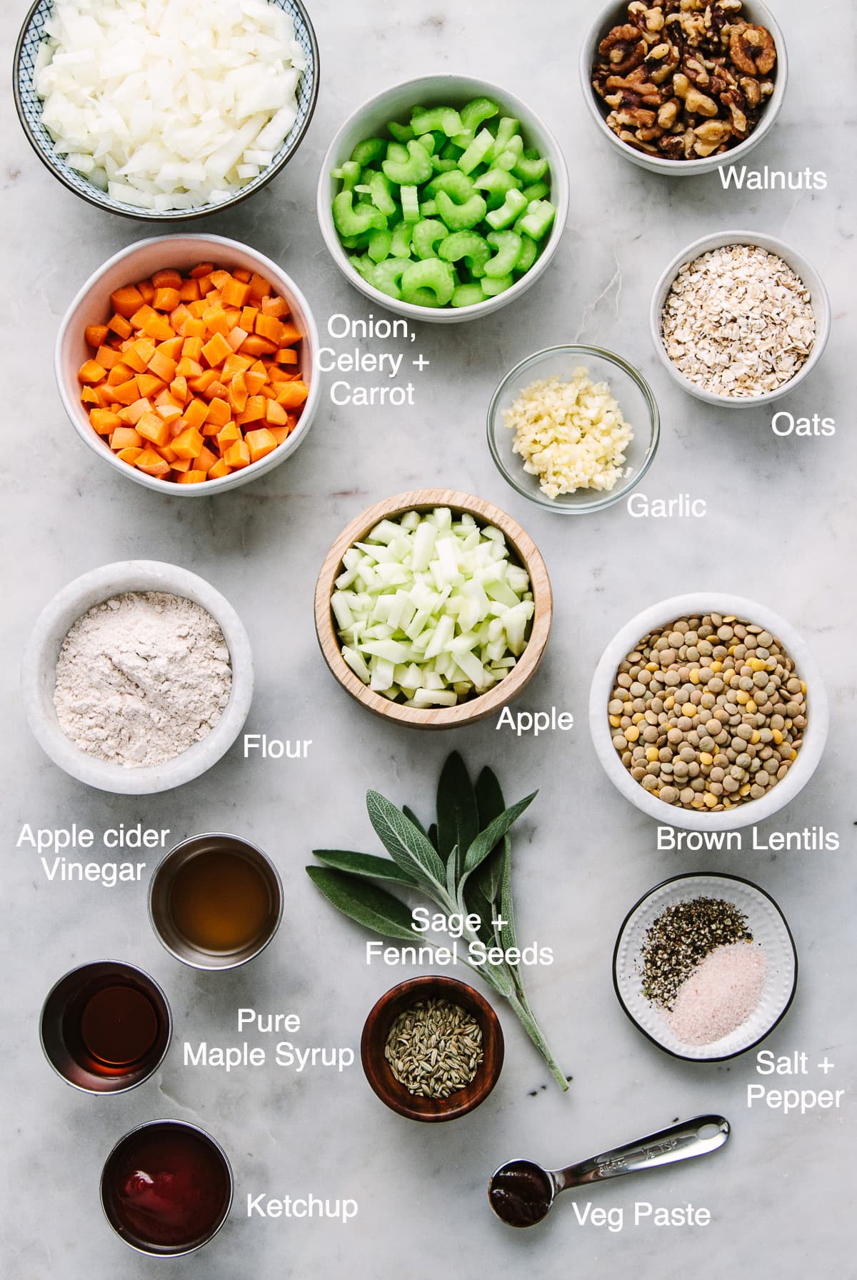 top down view of the ingredients used to make lentil loaf recipe with apple, fennel and sage.