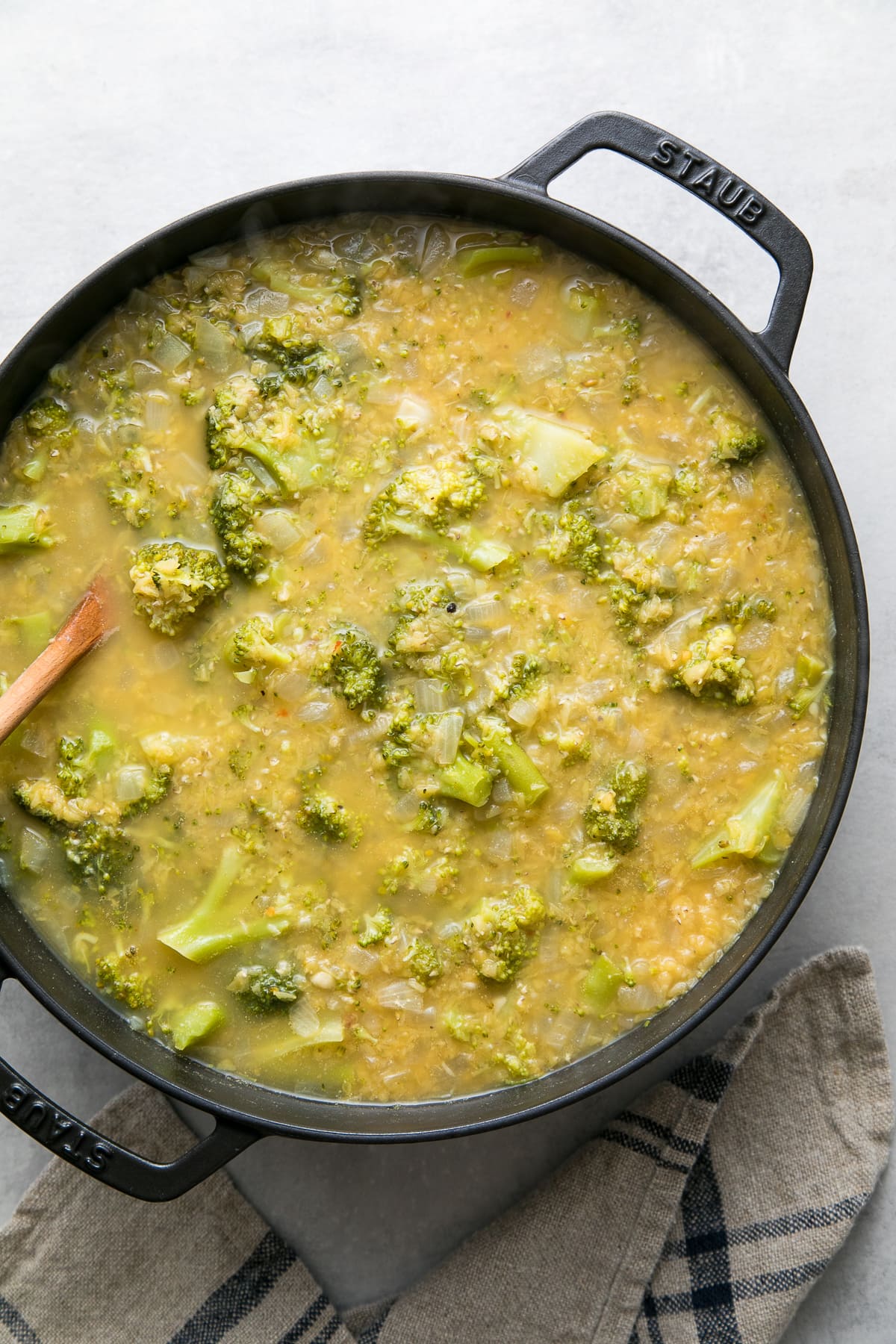 top down view of broccoli red lentil soup finished simmering.