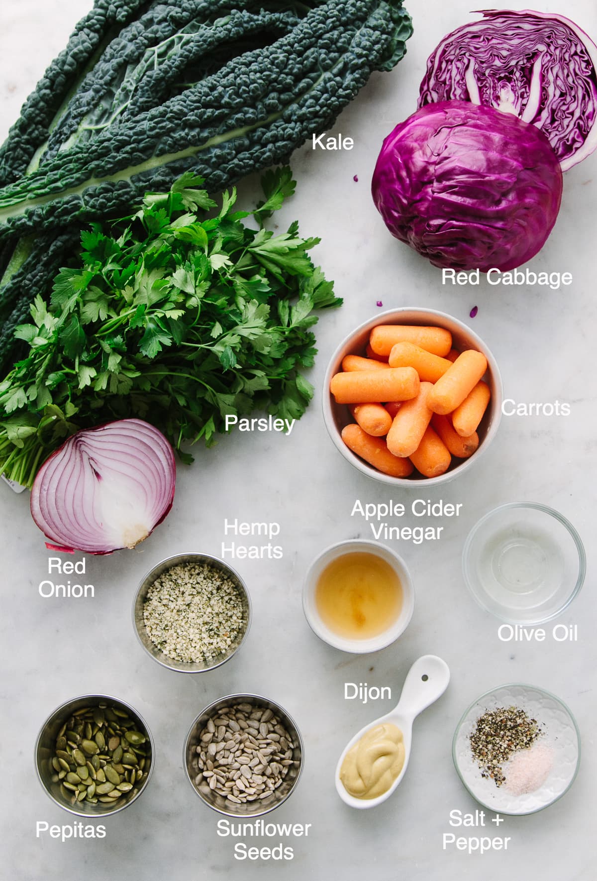 top down view of ingredients used to make kale and red cabbage slaw recipe.