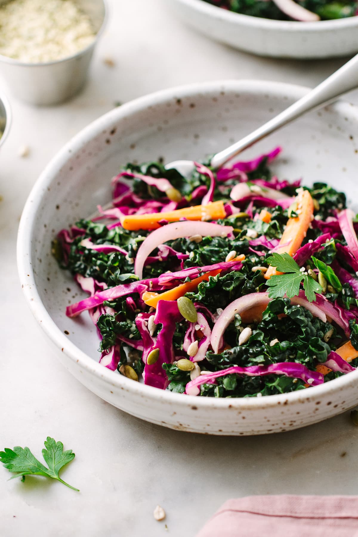side angle view of bowl with a serving of kale and red cabbage slaw with things surrounded.