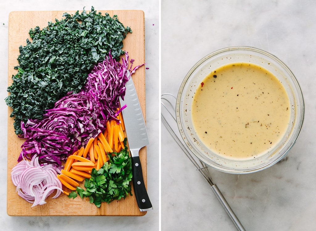 side by side photos of prepped veggies and dijon vinaigrette.