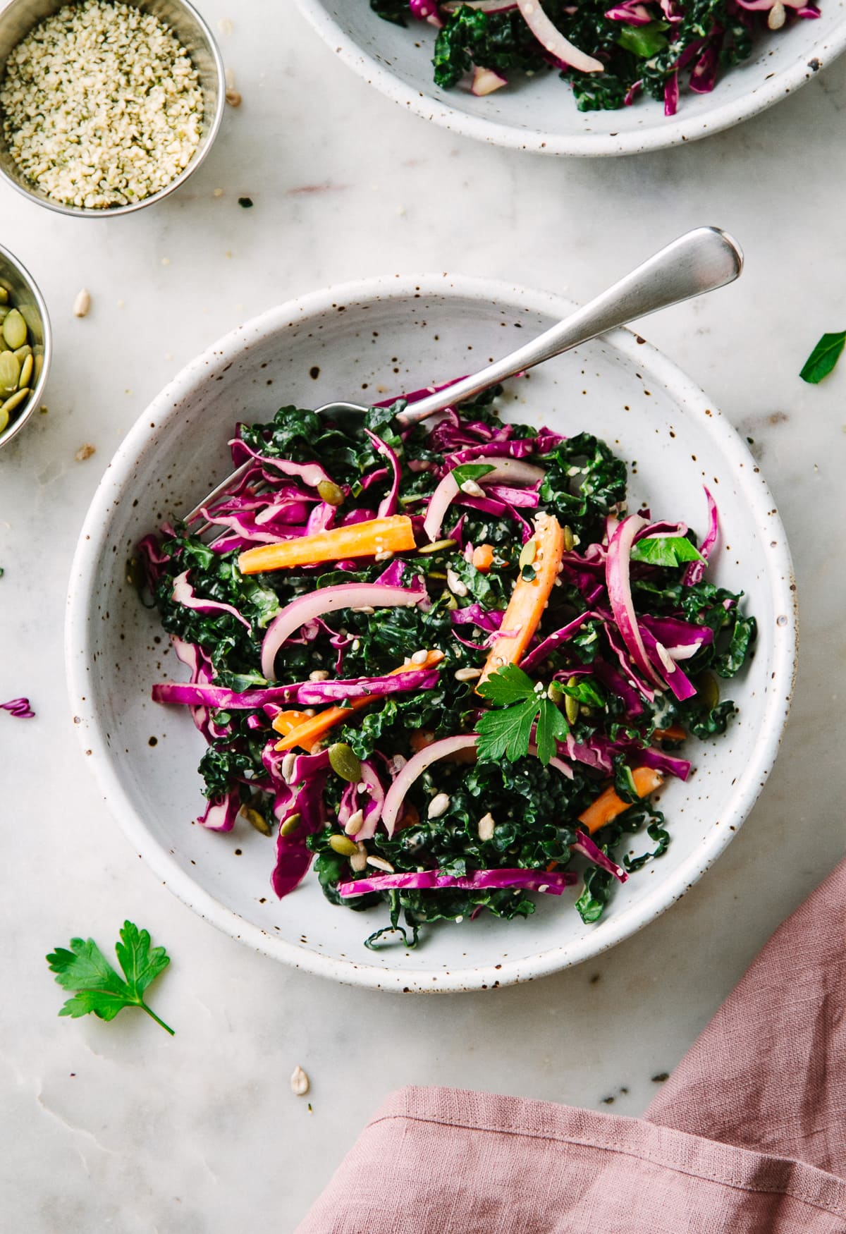 top down view of bowl with a serving of kale and red cabbage slaw with things surrounded.