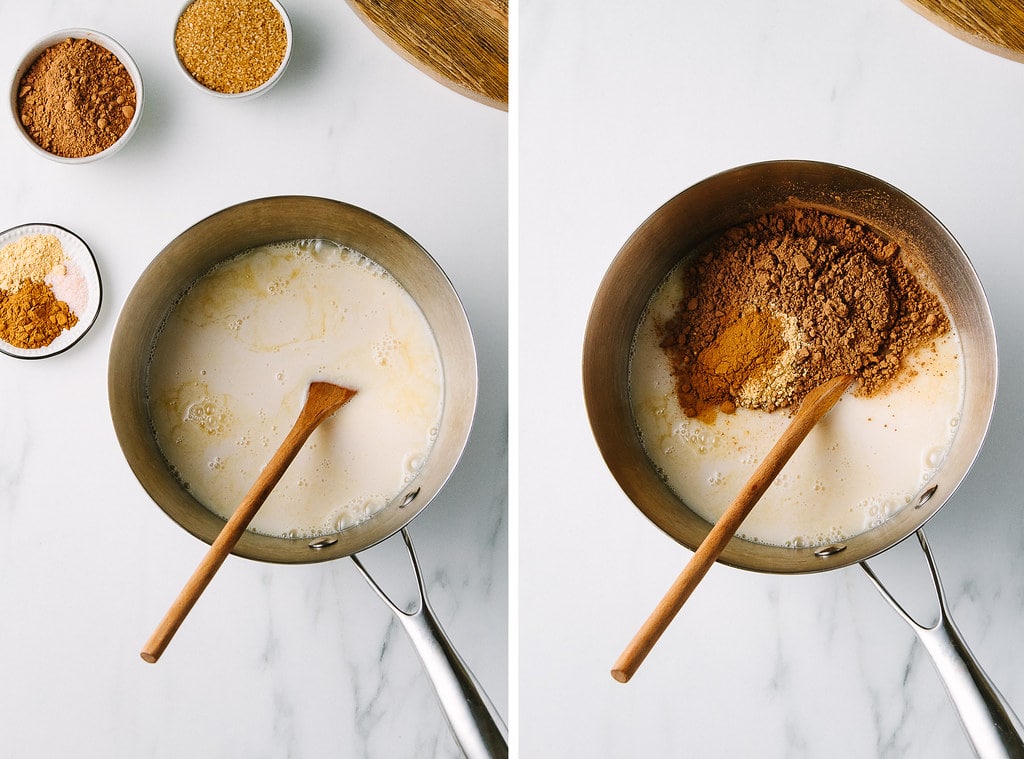 side by side photos showing the process of making orange hot chocolate.