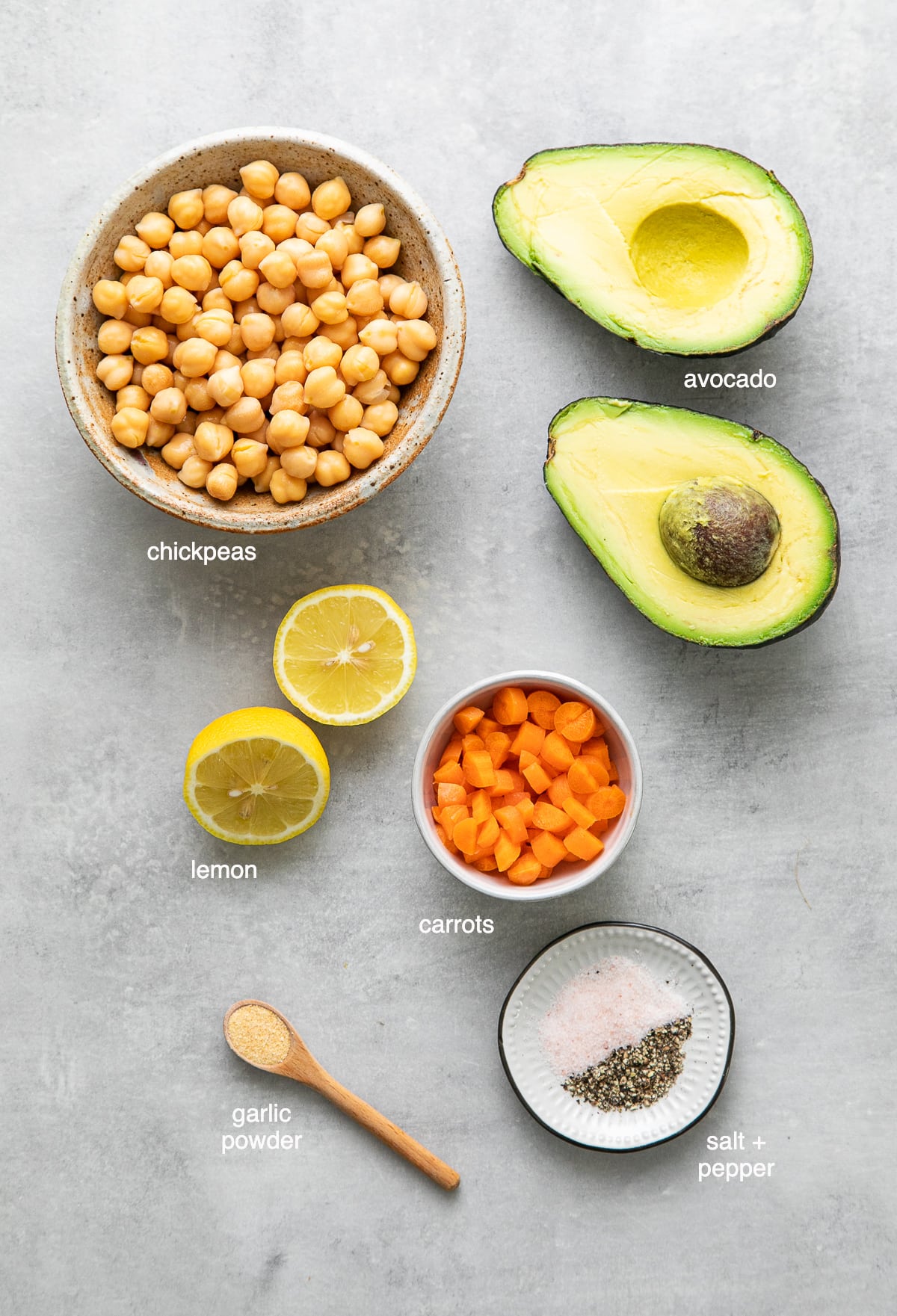 top down view of ingredients used to make chickpea avocado salad recipe.
