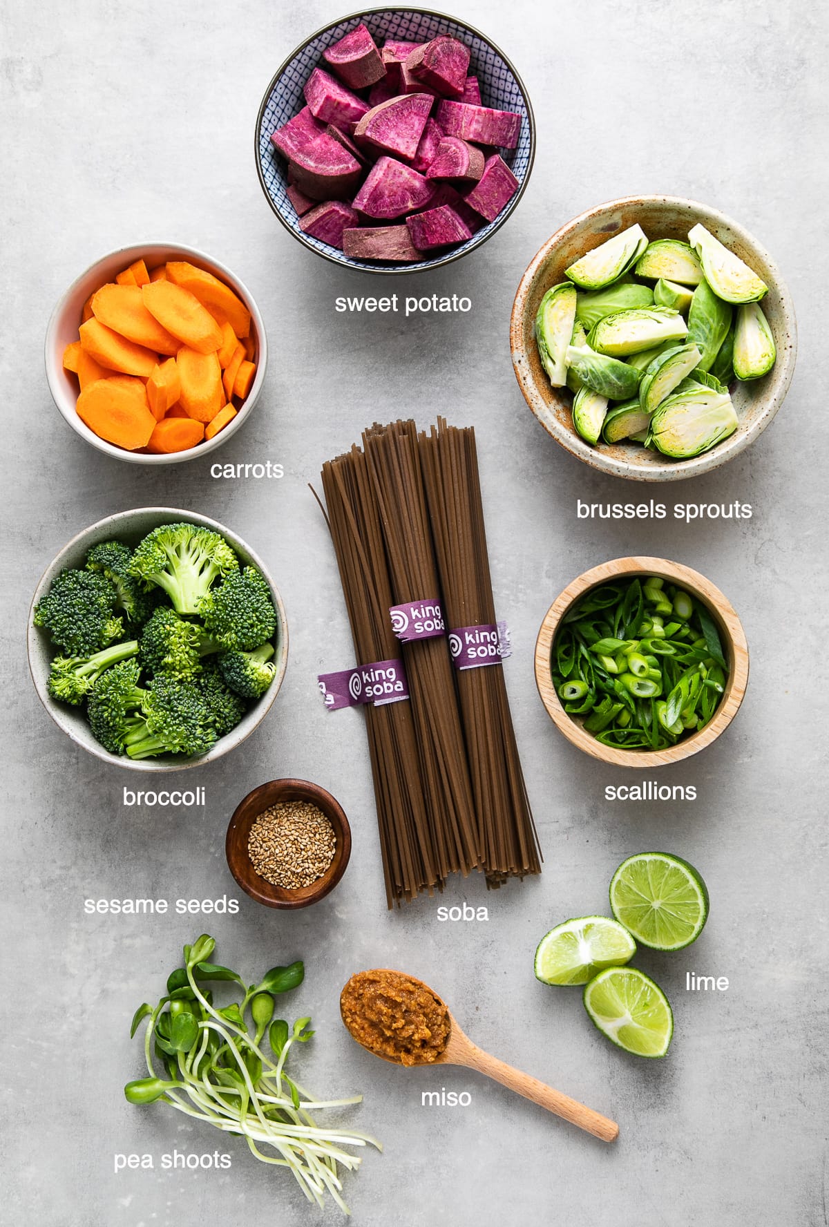 top down view of ingredients used to make soba miso soup with vegetables.