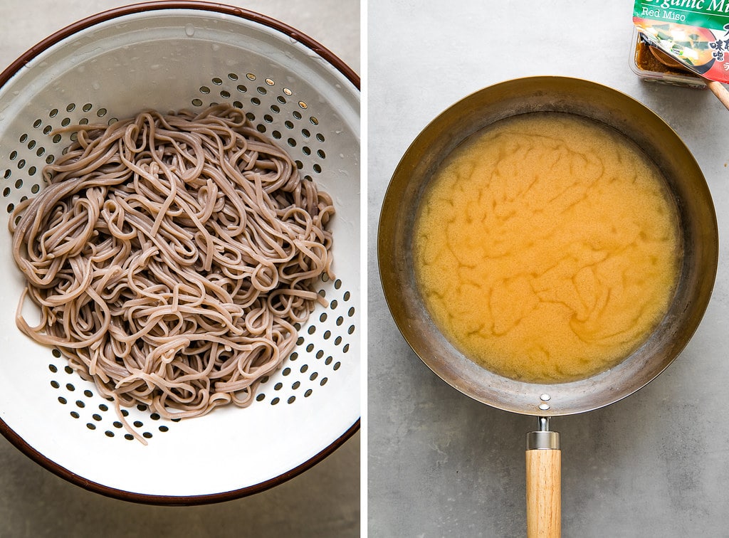 side by side photos of cooked soba noodles in a white colander and miso soup warmed in a wok.