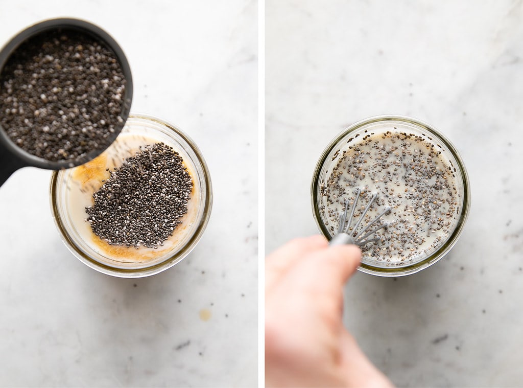 side by side by photos showing the process of making vanilla chia seed pudding in glass jar.