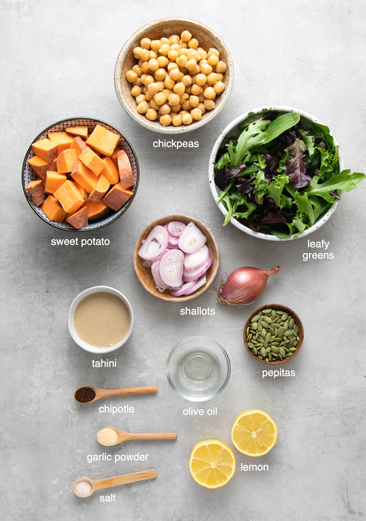 top down view of ingredients used to make sweet potato chickpea salad.