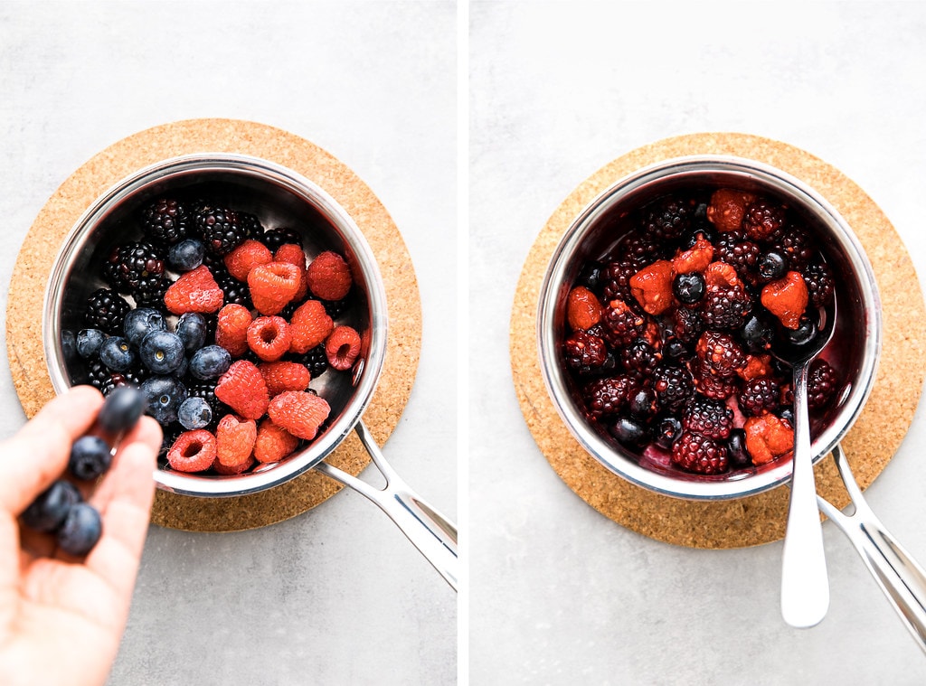 side by side photos showing the process of cooking berries in a pot.