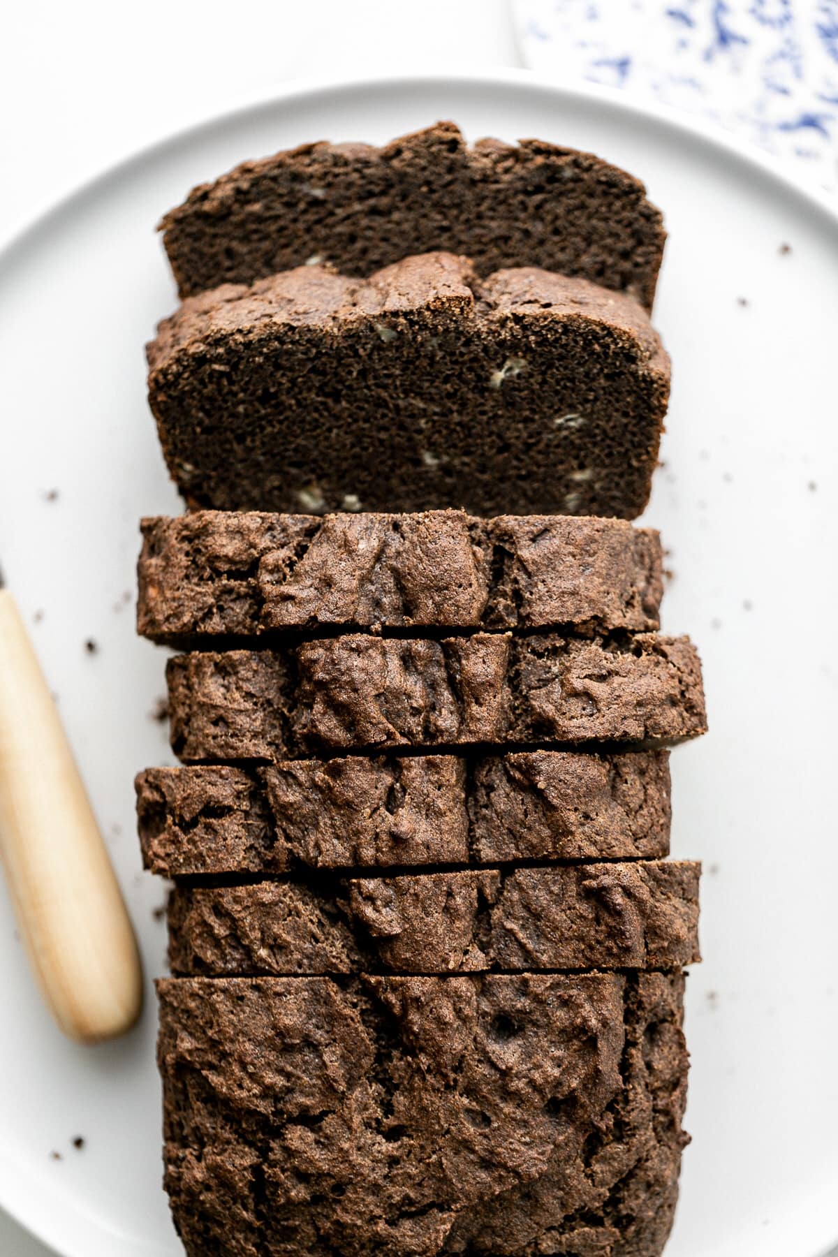 top down view of sliced buckwheat banana bread.