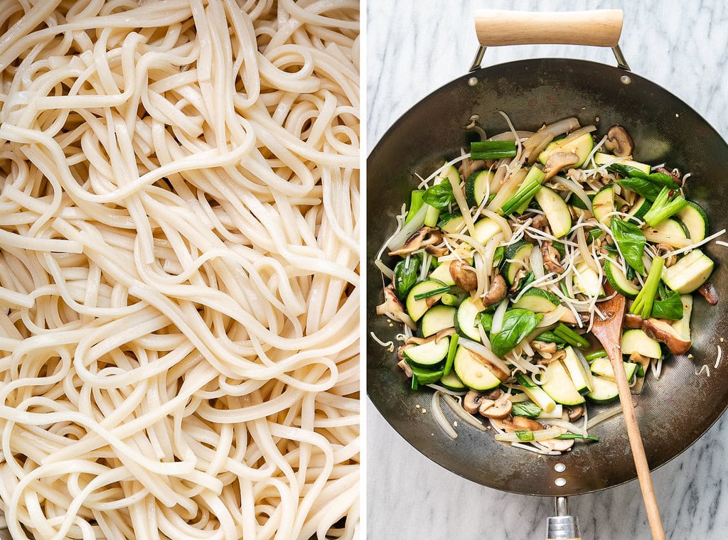 side by side photos of freshly cooked udon noodles and stir-fried veggies in a wok.