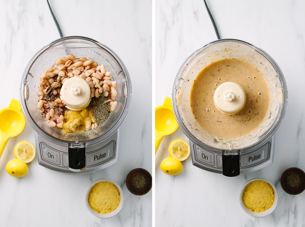 side by side photos showing the process of making white bean base for spinach and artichoke dip.