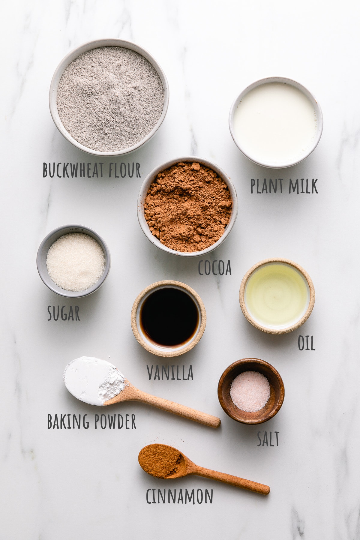 top down view of ingredients used to make vegan buckwheat waffles recipe.