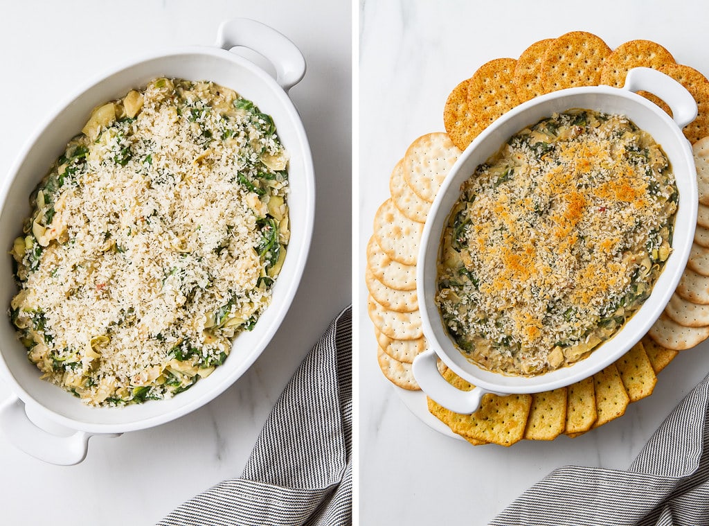 top down view of before and after baking spinach artichoke white bean dip.