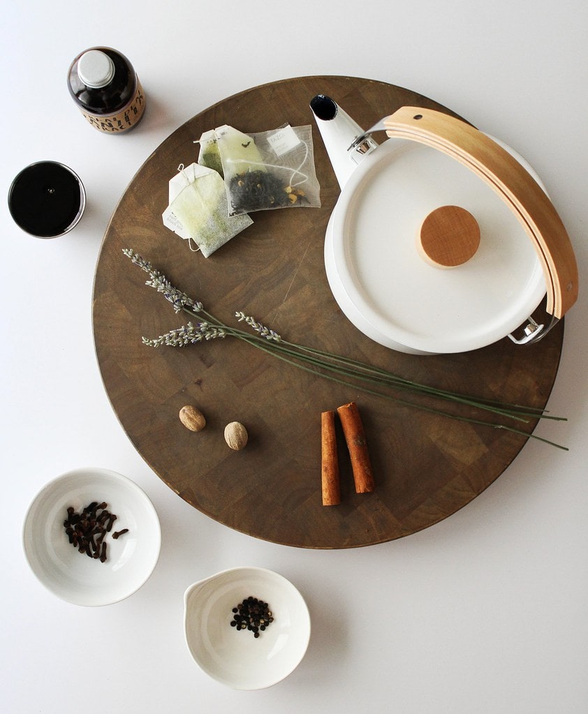 top down view of the ingredients used to make lavender chai tea.